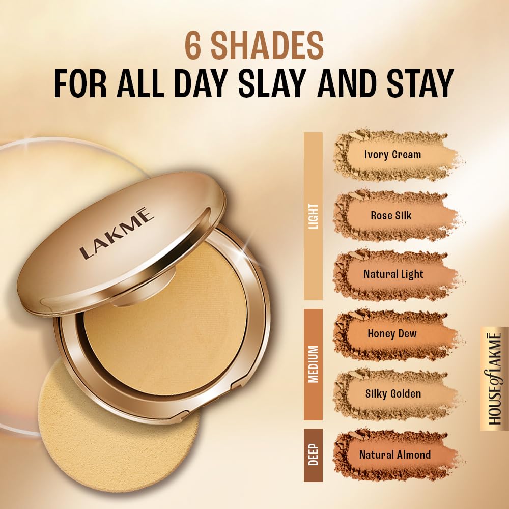 LAKMÉ 9 To 5 Primer With Matte Powder Medium Coverage All Skin Foundation Compact, Silky Golden, 9G