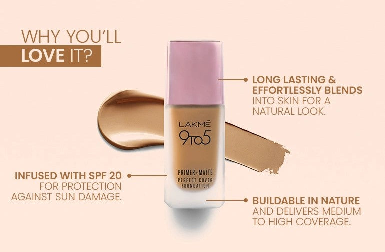 LAKMÉ 9 TO 5 PRIMER + MATTE PERFECT COVER FOUNDATION- WARM NATURAL W180