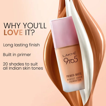 Lakmé 9 To 5 Primer + Matte Perfect Cover Liquid Foundation, Neutral Nude, 25ml, Matte Finish