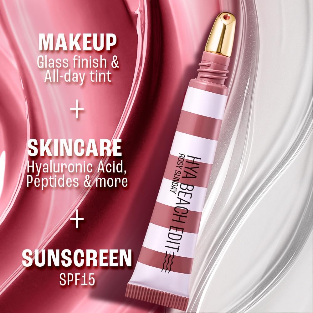 Lakme 9to5 Hya Beach Edit Lip Gloss Stain -2 Rosy Sunday, Long Lasting Stain, For Soft and Nourished Lips, with Linoleic Acid & Hyaluronic Acid, SPF 15, Non-Sticky and Lightweight, 10 ml
