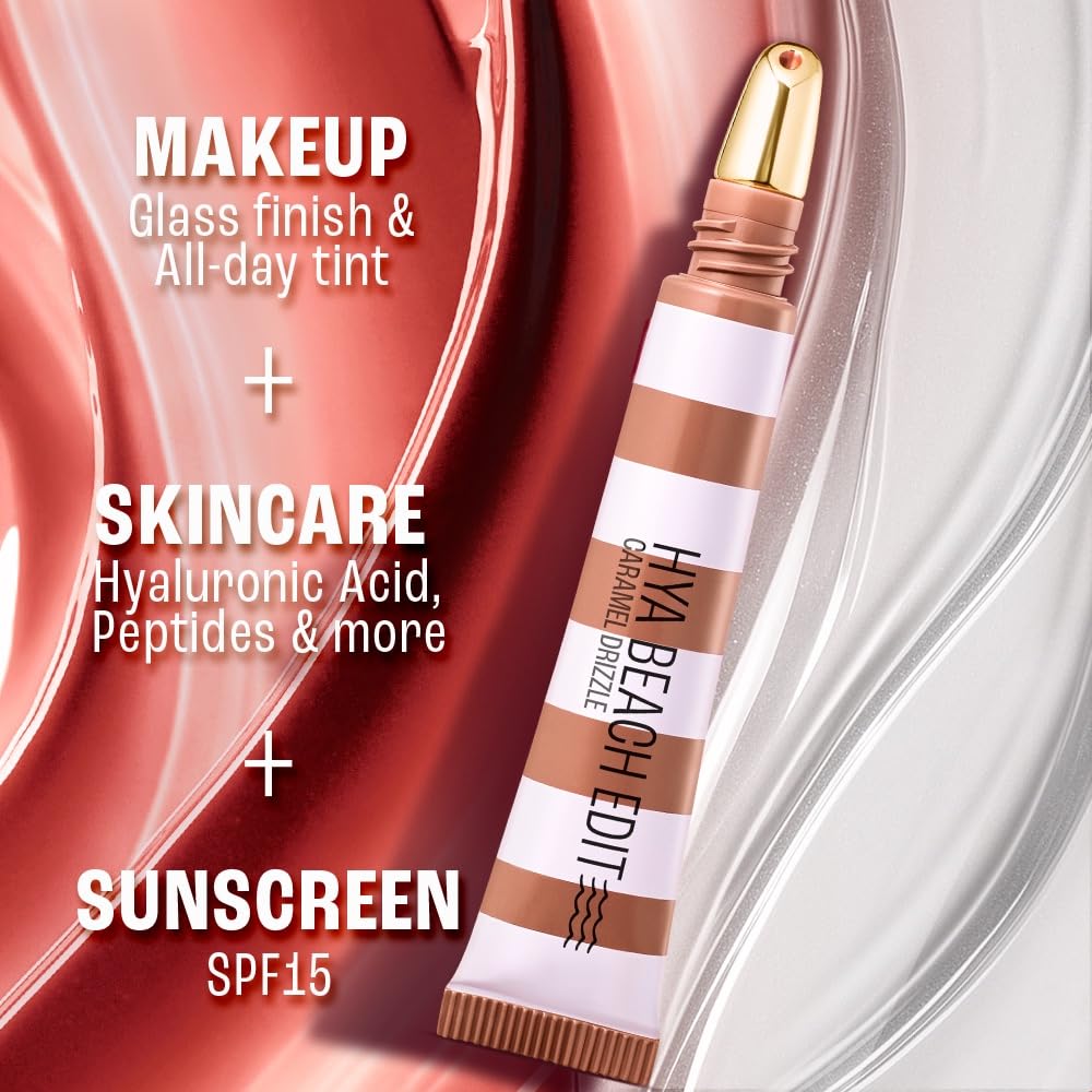 Lakme 9to5 Hya Beach Edit Lip Gloss Stain - 3 Caramel Drizzle, Long Lasting Stain, For Soft and Nourished Lips, with Linoleic Acid & Hyaluronic Acid, SPF 15, Non-Sticky and Lightweight, 10 ml
