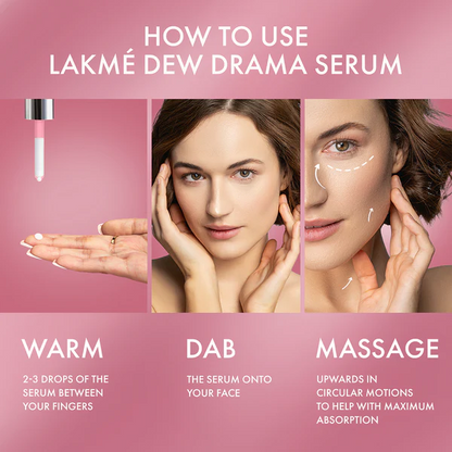 Lakme Dew Drama Serum with 6% Vit B3, E, F & Pro-Ceramides for Skin Barrier & Dewy Radiance