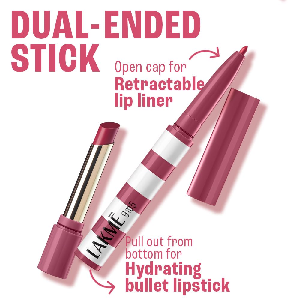 Lakme 9to5 Hya Beach Edit, Lipstick + Liner Duo, Pro Pink, Infused with Hyaluronic Acid, Vitamin E, Jojoba Oil, Comfortable Matte Finish, SPF Powered, Hydrating Lipstick, 2+0.2 g