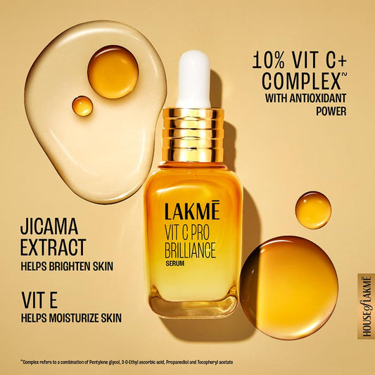 Lakme Vit C Brillance Serum, 10% Vit C Complex, Glass Skin in 21 Days, Tighter Brighter Skin, 30ml