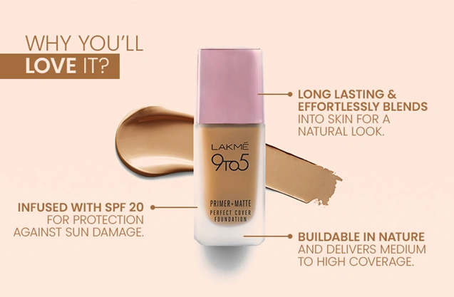 Lakme 9To5 Primer + Matte Perfect Cover Foundation,Neutral Chestnut N360